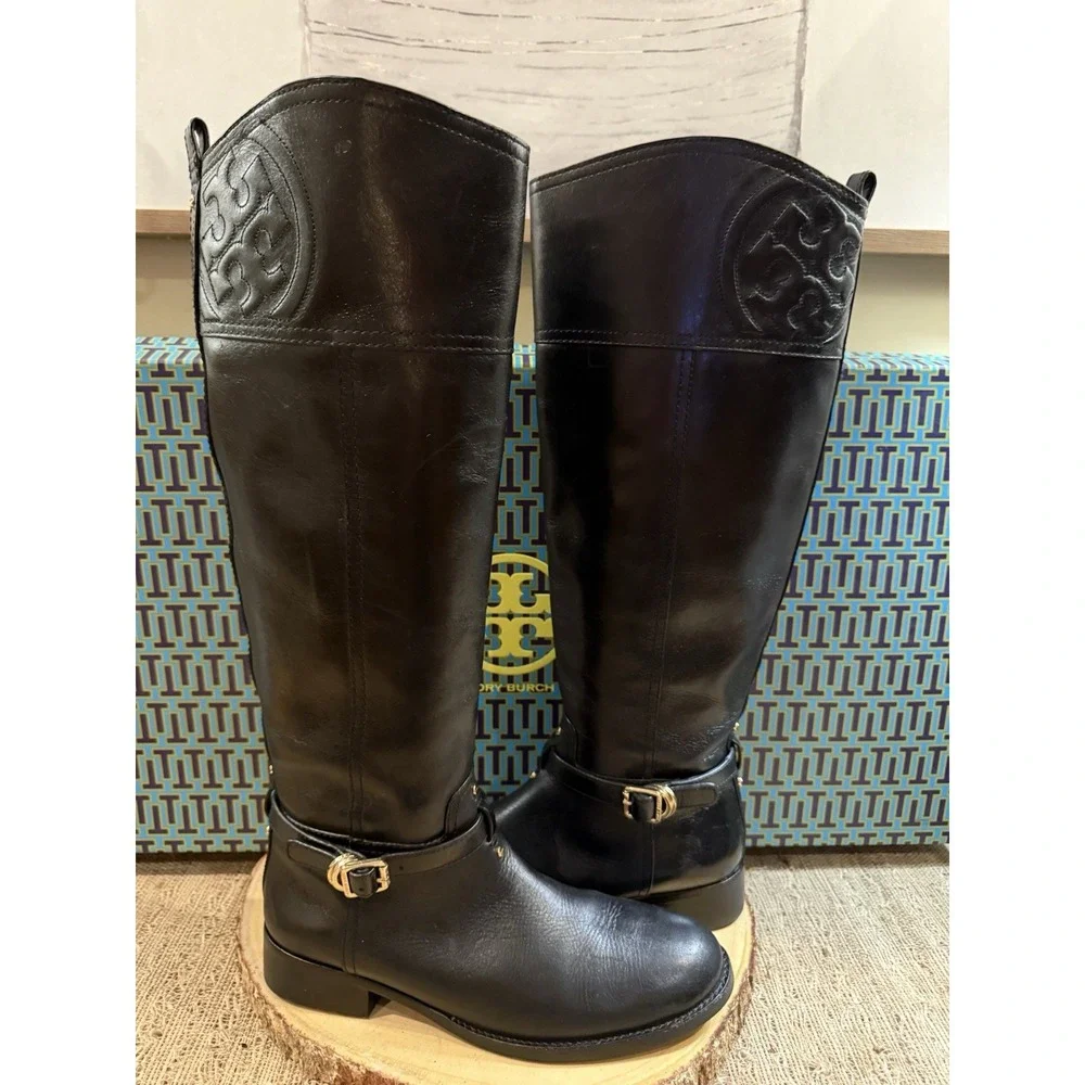 Tory Burch Marlene Black Leather Full‎ Zip Knee High Riding Boots Buckle 8 550$